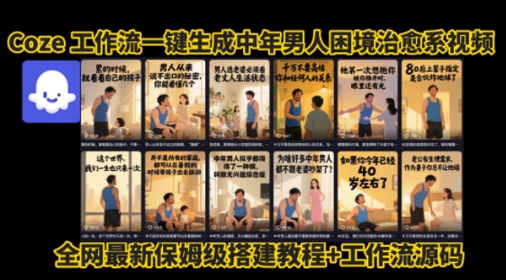 coze工作流一键生成”中年男人困境扎心高涨粉高播放量图文视频”保姆级拆解教程，无需剪辑，无需拍摄写文案-副业资源网