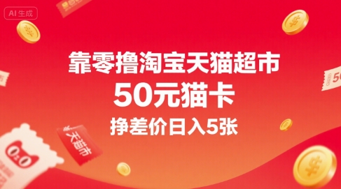 靠零撸淘宝天猫超市50元猫卡，挣差价日入5张-副业资源网