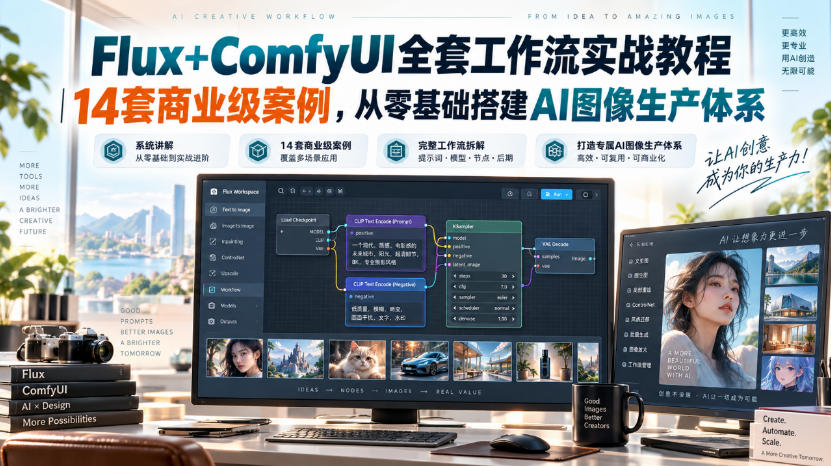 Flux+ComfyUI全套工作流实战教程｜14套商业级案例，从零基础搭建AI图像生产体系-副业资源网