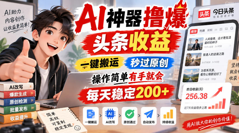 AI神器撸爆头条收益,一键搬运,秒过原创,操作简单有手就会,每天稳定200+【揭秘】-副业资源网