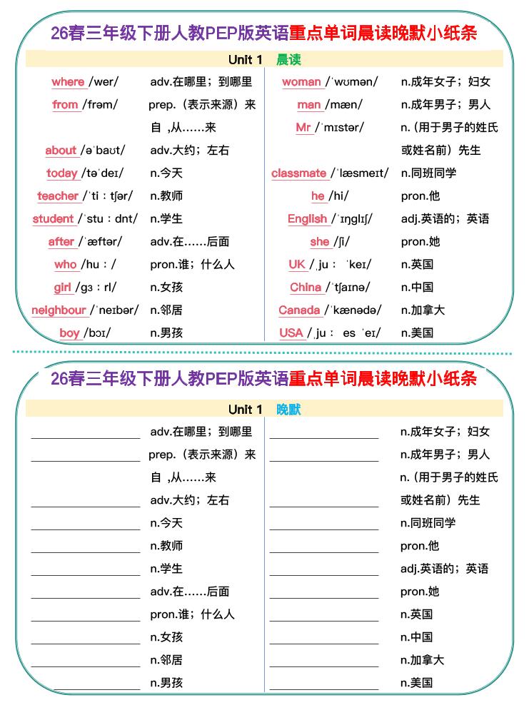 新三下人教pep英语单词晨读晚默小纸条-副业资源网