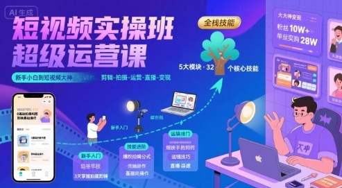 短视频实操班超级运营课，新手小白到短视频大神必修课程，剪辑-拍摄-运营-直播-变现-副业资源网
