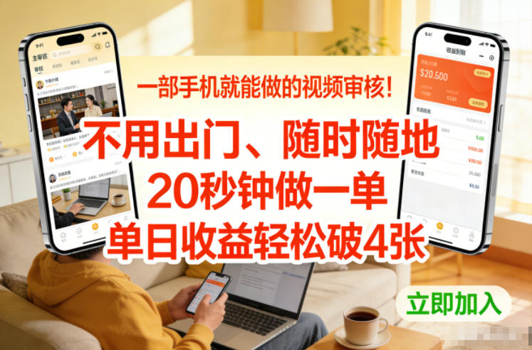 一部手机就能做的视频审核！不用出门，随时随地，20秒钟做一单，单日收益轻松破4张【揭秘】-副业资源网