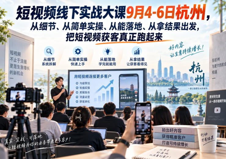 短视频线下实战大课9月4-6日杭州,从细节、从简单实操、从能落地、从拿结果出发,把短视频获客真正跑起来(更新)-副业资源网