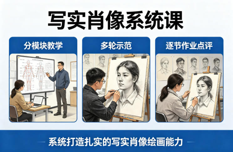 写实肖像系统课，全程分模块教学+多轮示范+逐节作业点评，系统打造扎实的写实肖像绘画能力-副业资源网