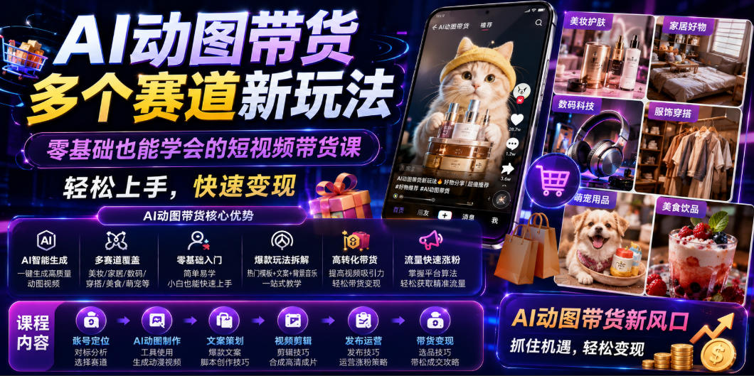 AI动图带货多个赛道新玩法，零基础也能学会的短视频带货课，轻松上手，快速变现-副业资源网