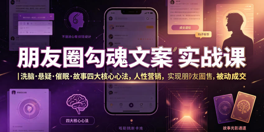 朋友圈勾魂文案实战课｜洗脑·悬疑·催眠·故事四大核心心法，吃透人性营销，实现朋友圈不销而售被动成交-副业资源网