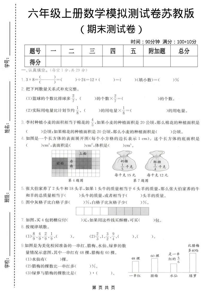 六年级上数学期末模拟测试卷8《苏教版》-副业资源网