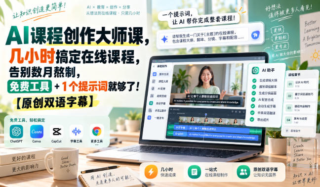 AI课程创作大师课，几小时搞定在线课程，告别数月熬制，免费工具+1个提示词就够了！【原创双语字幕】-副业资源网