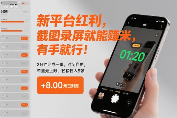 新平台红利，截图录屏就能賺米，有手就行！2分钟完成一单，时间自由，单量无上限，轻松日入5张【揭秘】-副业资源网