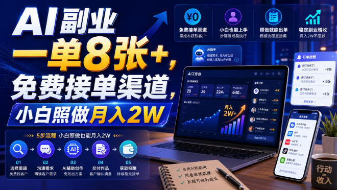 AI副业一单8张+，免费接单渠道，小白照做月入2W【揭秘】-副业资源网