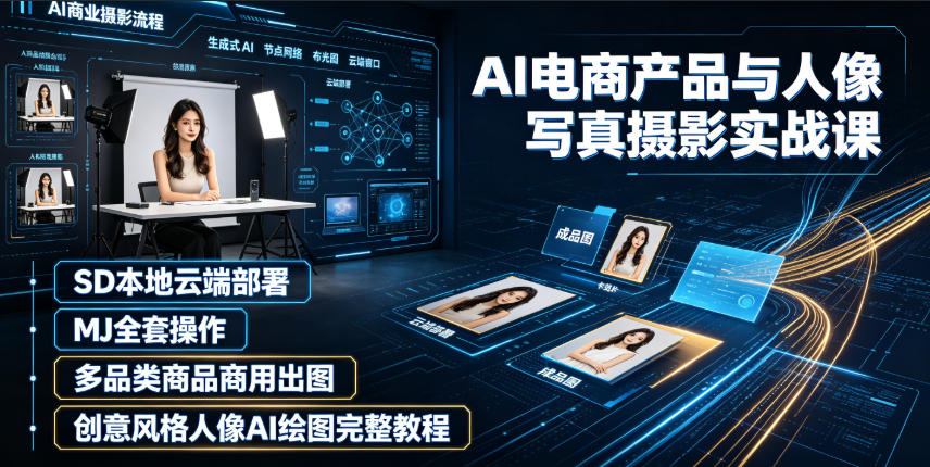 AI电商产品与人像写真摄影实战课｜SD本地云端部署、MJ全套操作、多品类商品商用出图、创意风格人像AI绘图完整教程-副业资源网