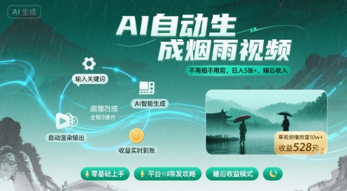 不用拍不用剪！AI自动生成烟雨视频，日入5张+，睡后收入-副业资源网