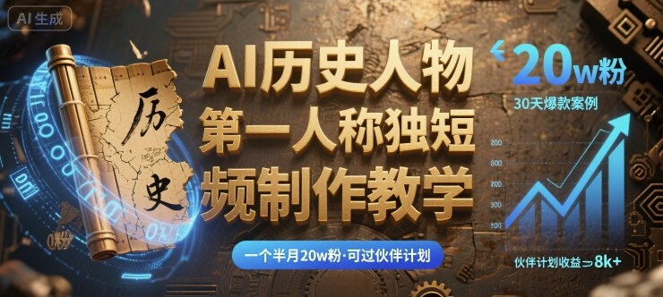 最新AI历史人物第一人称独白短视频制作教学，一个半月20w粉，可过伙伴计划-副业资源网