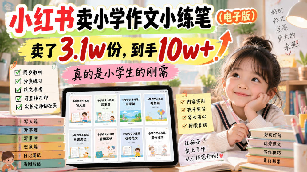 小红书卖小学作文小练笔（电子版），卖了3.1w份，到手10w+，真的是小学生的刚需-副业资源网