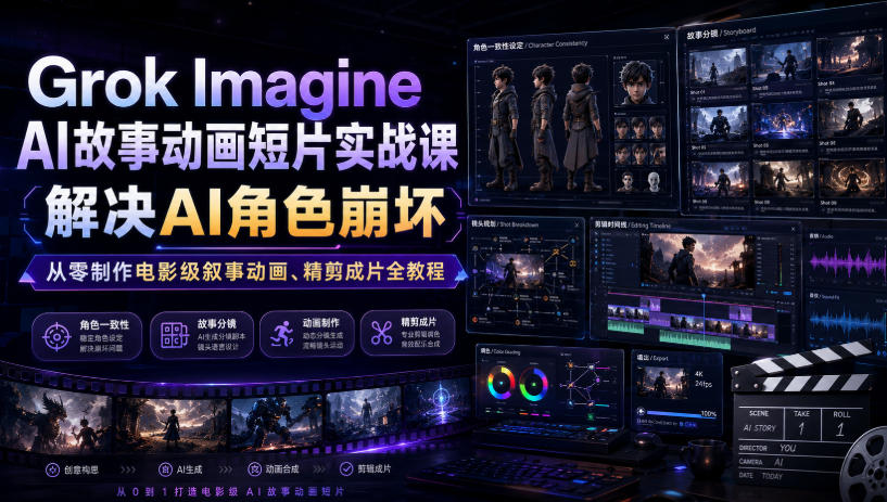 Grok Imagine AI故事动画短片实战课｜解决AI角色崩坏，从零制作电影级叙事动画、精剪成片全教程（中英字幕）-副业资源网