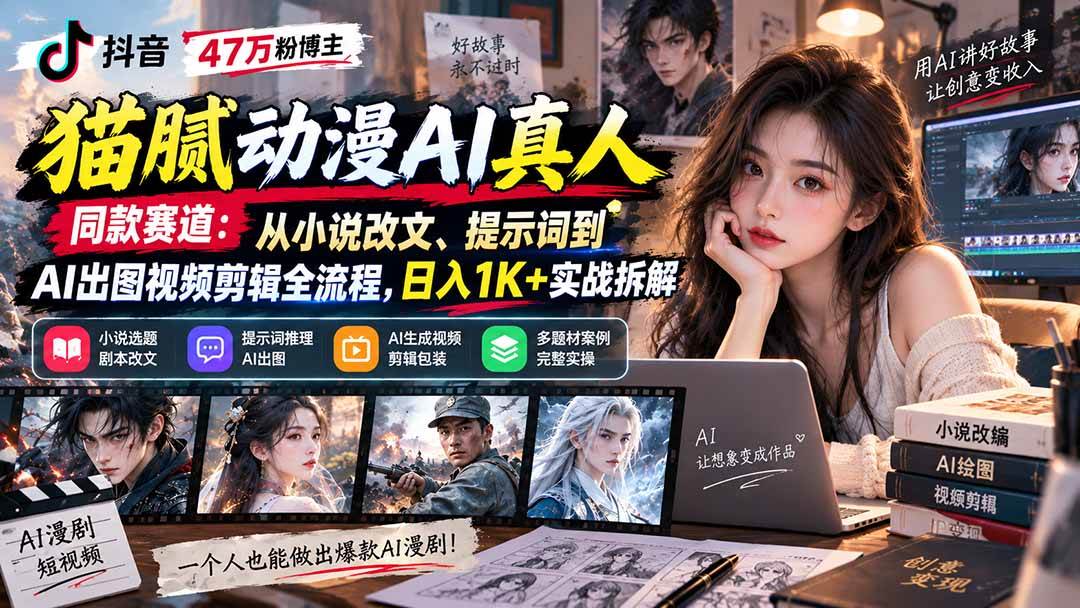 （20524期）抖音47万粉博主猫腻动漫AI真人同款赛道：从小说改文、提示词到AI出图视频剪辑全流程，日入1K+实战拆解-副业资源网