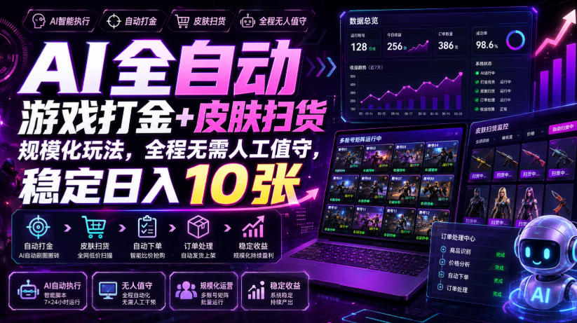 AI全自动游戏打金+皮肤扫货规模化玩法，全程无需人工值守，稳定日入10张【揭秘】-副业资源网