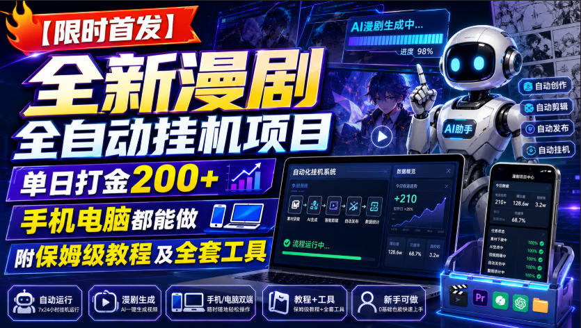 【限时首发】全新漫剧全自动挂G项目，单日打金200+，手机电脑都能做，附保姆级教程及全套工具【揭秘】-副业资源网