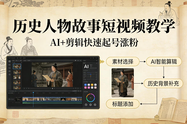历史人物故事短视频教学，AI+剪辑制作历史人物题材短视频，快速起号涨粉-副业资源网