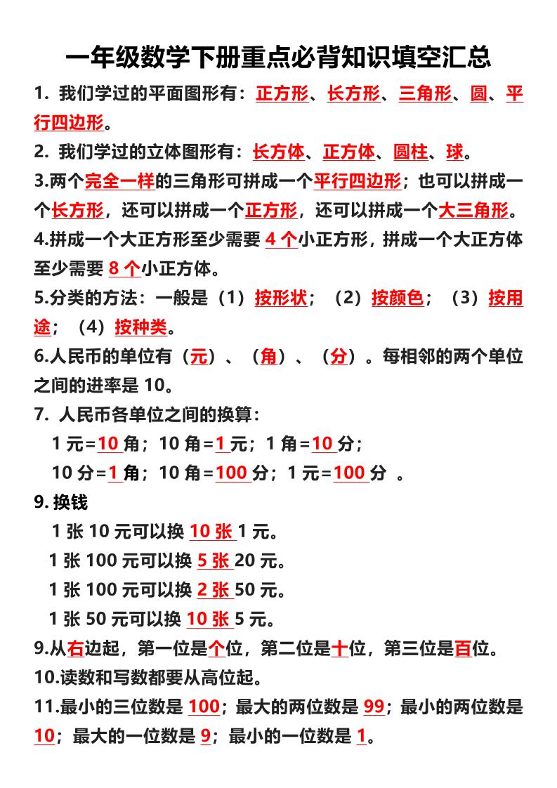 一年级下数学重点必背知识填空汇总-副业资源网