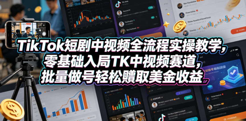 TikTok短剧中视频全流程实操教学，零基础入局TK中视频赛道，批量做号轻松賺取美金收益-副业资源网