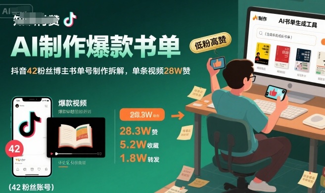 AI制作爆款书单，抖音42粉丝博主书单号制作拆解，单条视频28W赞-副业资源网