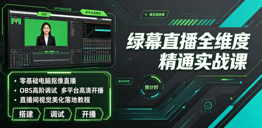 绿幕直播全维度精通实战课｜零基础电脑抠像直播、OBS高阶调试、多平台高清开播、直播间视觉美化落地教程-副业资源网