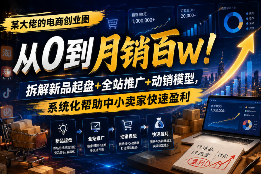 某大佬的电商创业圈从0到月销百W！拆解新品起盘+全站推广+动销模型，系统化帮助中小卖家快速盈利-副业资源网