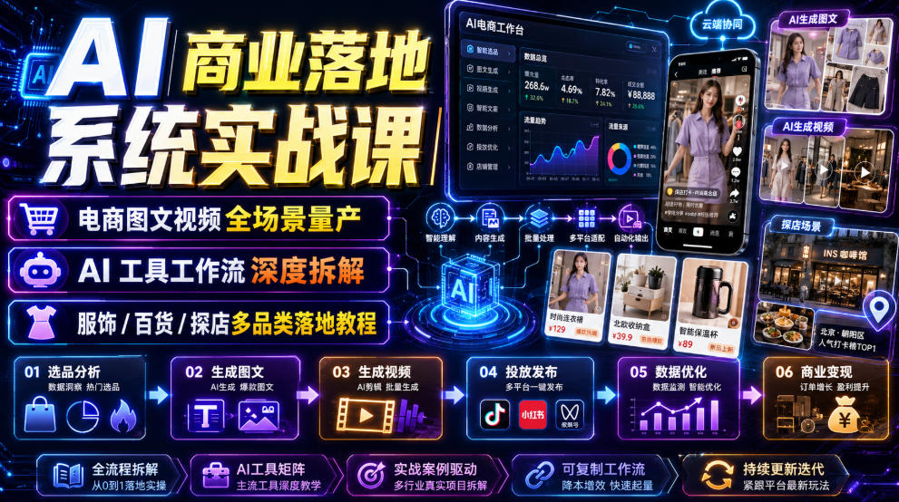 AI商业落地系统实战课｜电商图文视频全场景量产・AI工具工作流深度拆解・服饰/百货/探店多品类落地教程-副业资源网