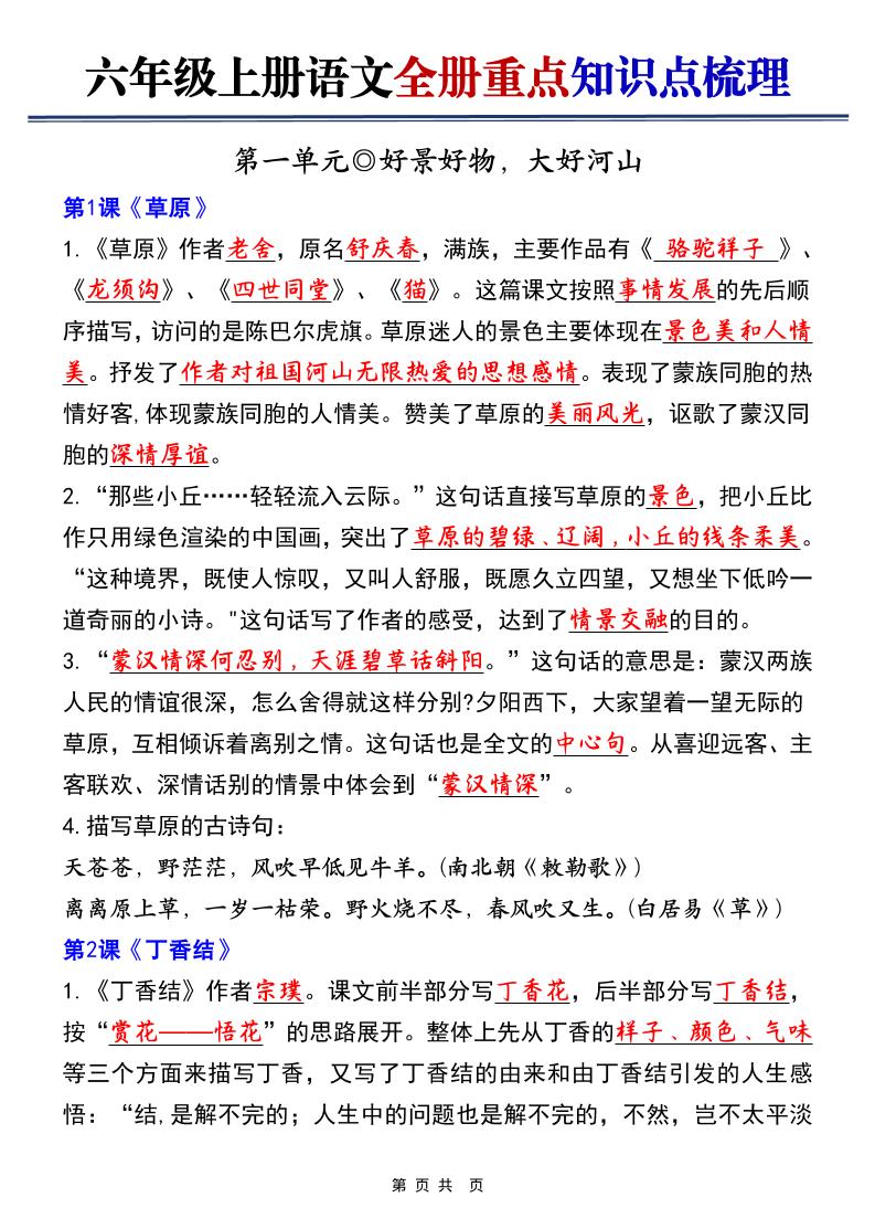 六上语文【25秋-全册重点知识点梳理（空白+答案）】-副业资源网