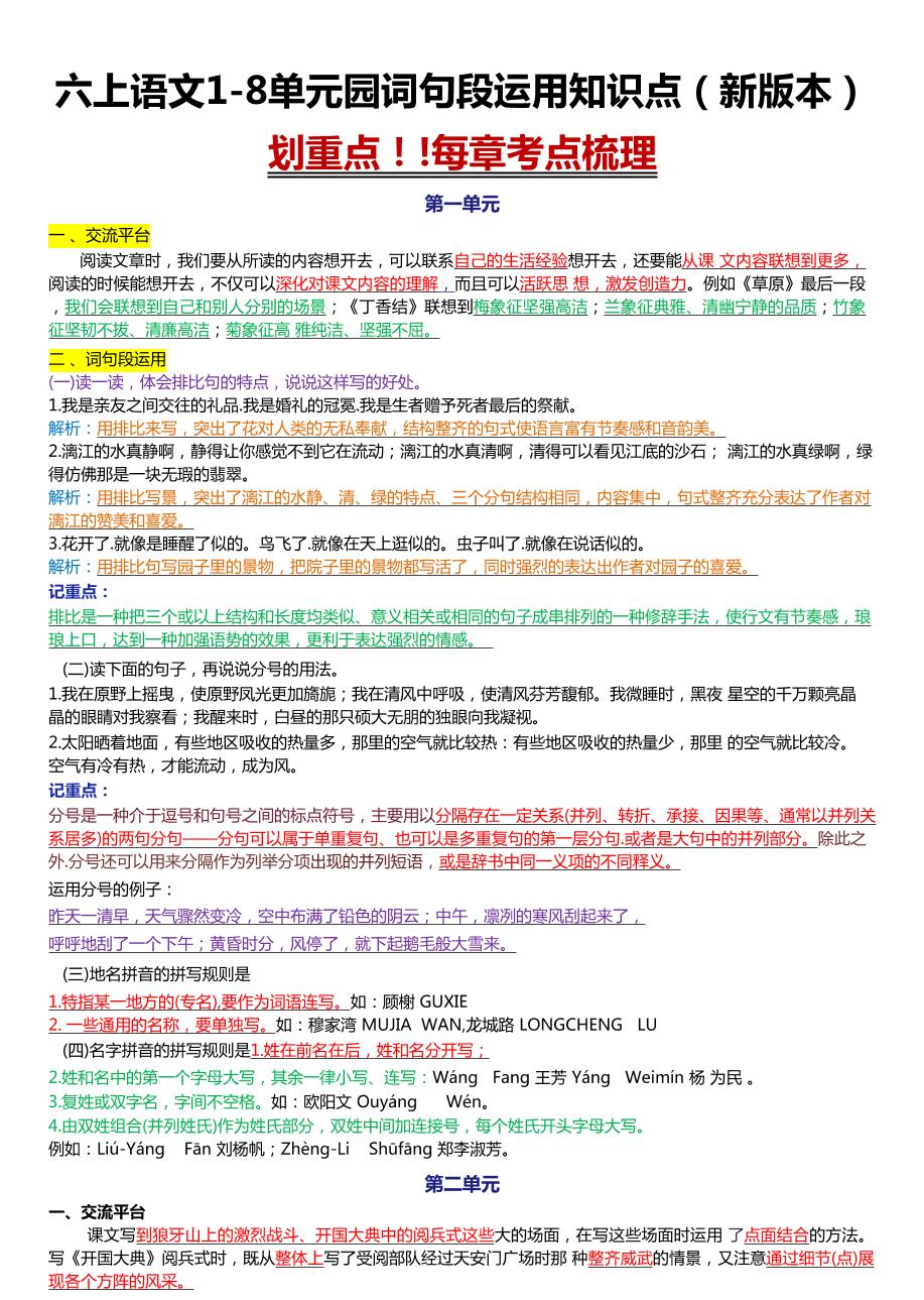 六上语文1-8单元园词句段运用知识点（新版本）docx-副业资源网