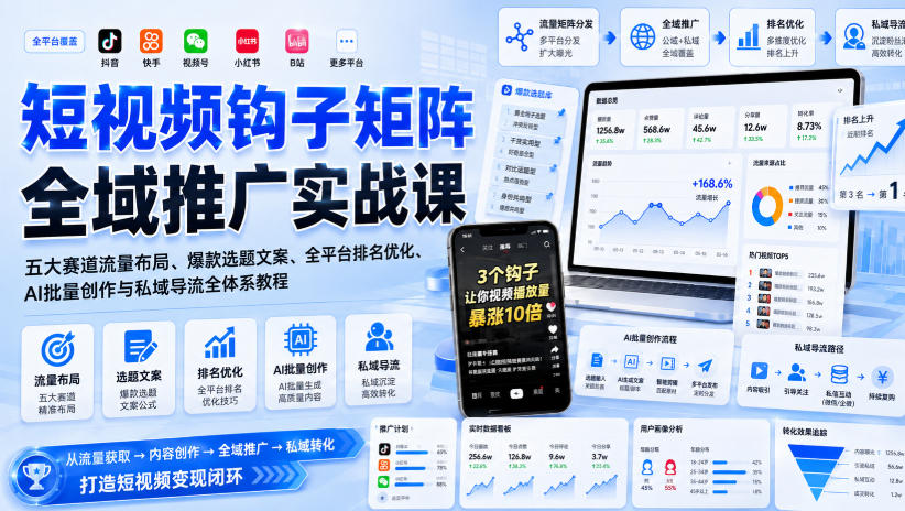 短视频钩子矩阵全域推广实战课｜五大赛道流量布局、爆款选题文案、全平台排名优化、AI批量创作与私域导流全体系教程-副业资源网