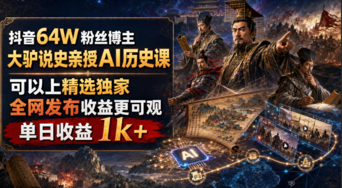 抖音64W粉丝博主大驴说史亲授AI历史课，可以上精选独家，全网发布收益更可观，单日收益1k+（更新）-副业资源网