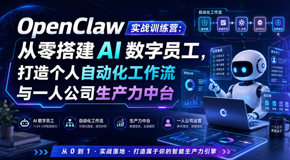 OpenClaw实战训练营：从零搭建AI数字员工，打造个人自动化工作流与一人公司生产力中台-副业资源网