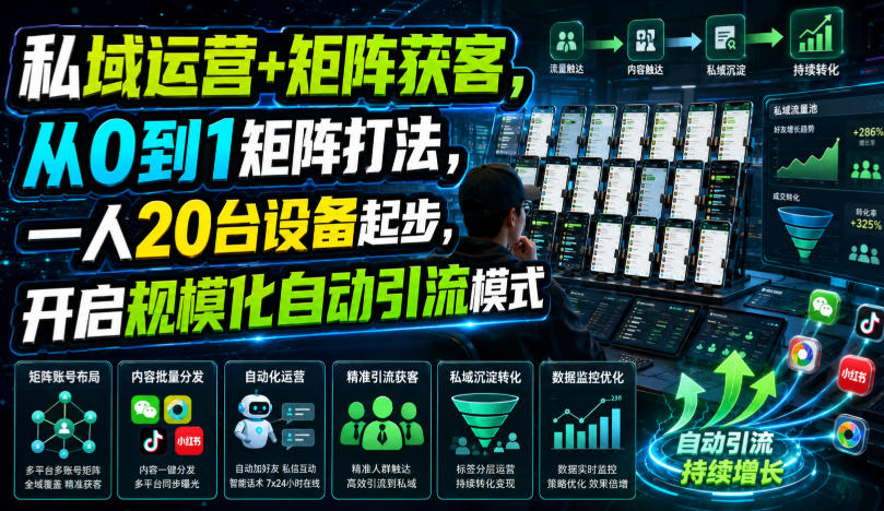私域运营+矩阵获客,从0到1矩阵打法,一人20台设备起步,开启规模化自动引流模式!-副业资源网