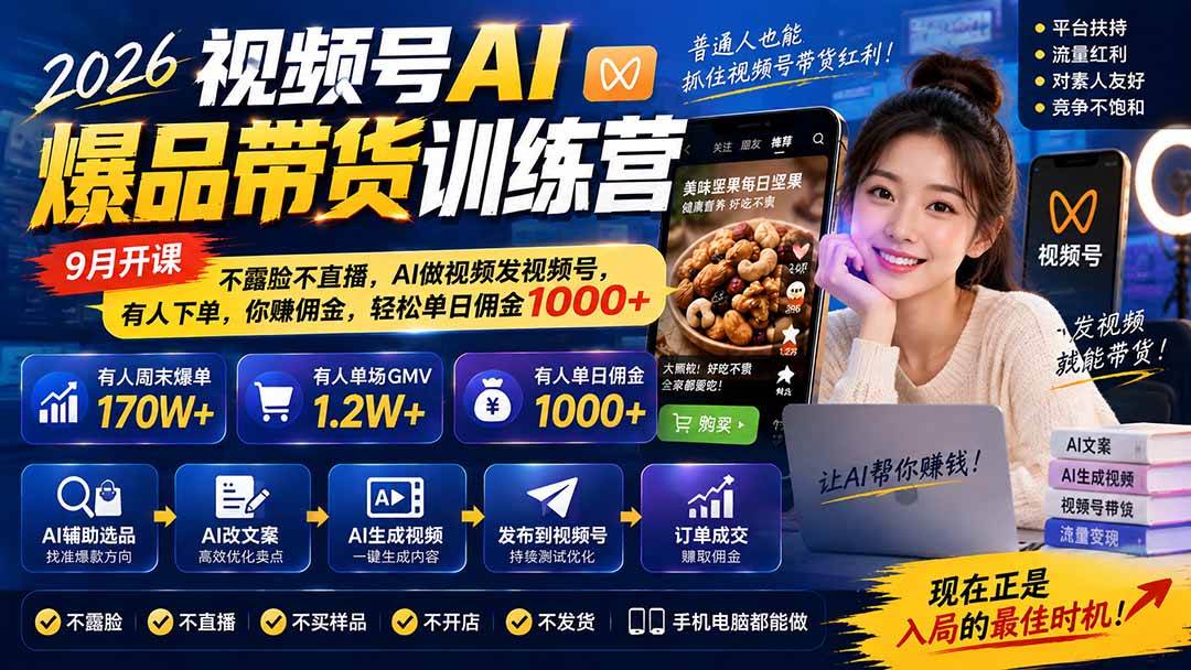 （20537期）2026视频号AI爆品带货训练营-9月开课｜不露脸不直播，AI做视频发视频号，有人下单，你赚佣金，轻松单日佣金1000+-副业资源网