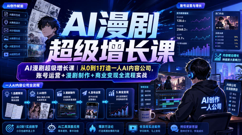 AI漫剧超级增长课｜从0到1打造一人AI内容公司，账号运营+漫剧制作+商业变现全流程实战-副业资源网