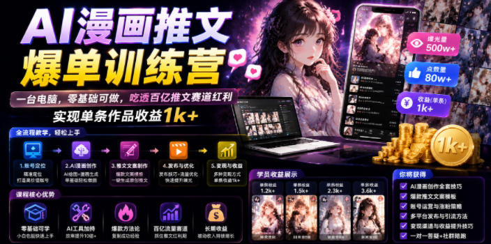 AI漫画推文爆单训练营，一台电脑，零基础可做，吃透百亿推文赛道红利，实现单条作品收益1k+-副业资源网