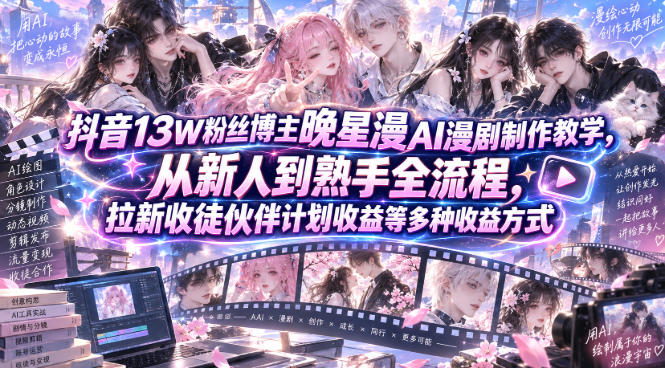抖音13W粉丝博主晚星漫AI漫剧制作教学，从新人到熟手全流程，拉新收徒伙伴计划收益等多种收益方式，单日1K+-副业资源网