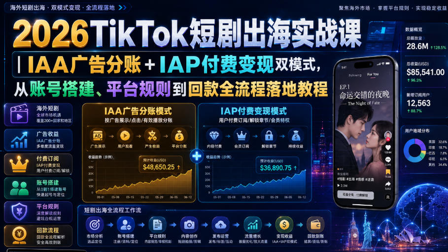 2026TikTok短剧出海实战课｜IAA广告分账+IAP付费变现双模式，从账号搭建、平台规则到回款全流程落地教程-副业资源网
