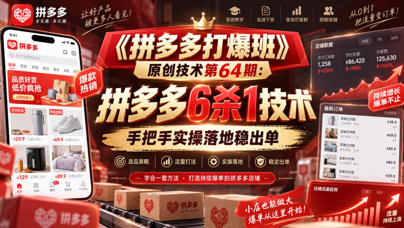 《拼多多打爆班》原创技术第64期：拼多多6杀1技术，手把手实操落地稳出单-副业资源网