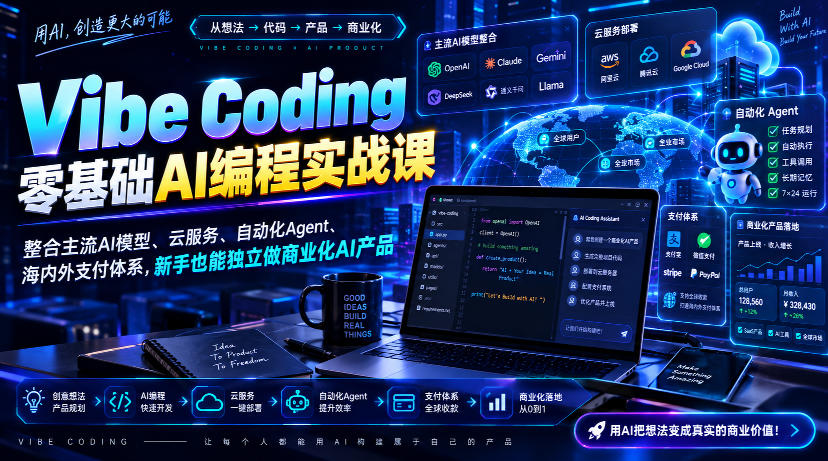 Vibe Coding零基础AI编程实战课-无水印,整合主流AI模型、云服务、自动化Agent、海内外支付体系,新手也能独立做商业化AI产品-副业资源网