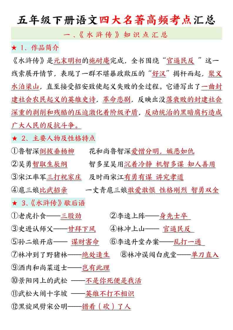 五年级下语文四大名著高频考点-副业资源网