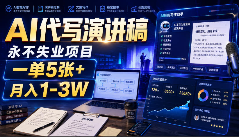 AI代写演讲稿，永不失业项目，一单5张+，月入1-3W【揭秘】-副业资源网