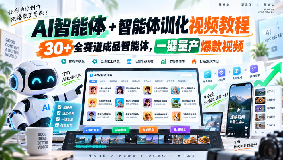 【无水印】AI智能体+智能体训化视频教程，30+全赛道成品智能体，一键量产爆款视频【更新】-副业资源网