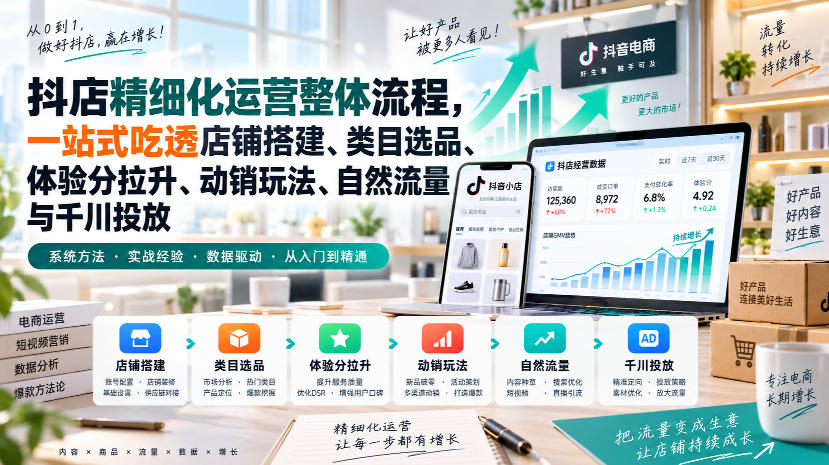 李哥电商-抖店精细化运营整体流程，一站式吃透店铺搭建、类目选品、体验分拉升、动销玩法、自然流量与千川投放-副业资源网