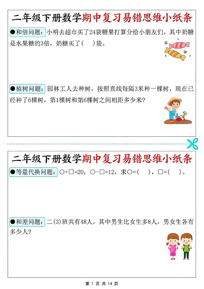 二年级下数学期中复习易错思维小纸条-副业资源网