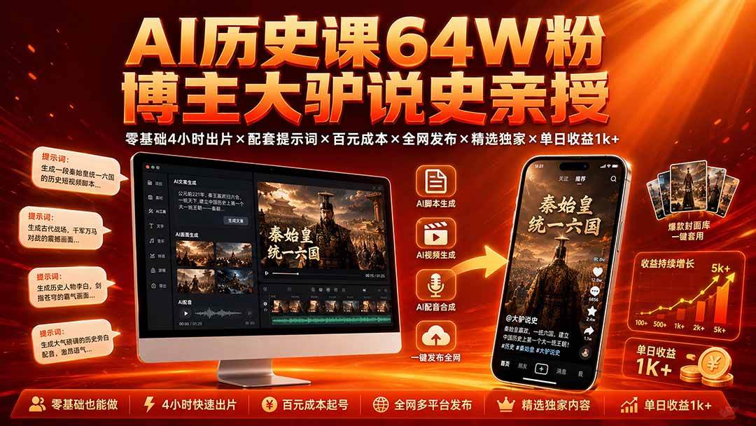(19557期)AI历史课64W粉博主大驴说史亲授:零基础4小时出片×配套提示词×百元成本×全网发布×精选独家×单日收益1k+-副业资源网