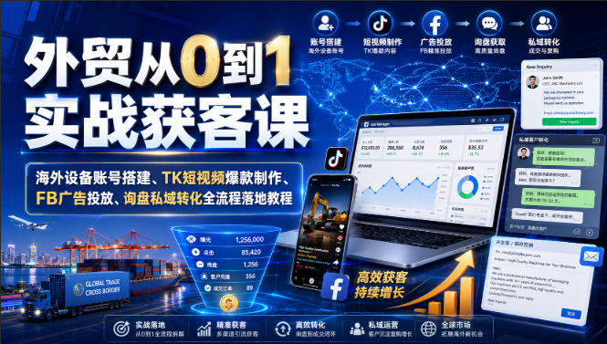 外贸从0到1实战获客课｜海外设备账号搭建、TK短视频爆款制作、FB广告投放、询盘私域转化全流程落地教程-副业资源网